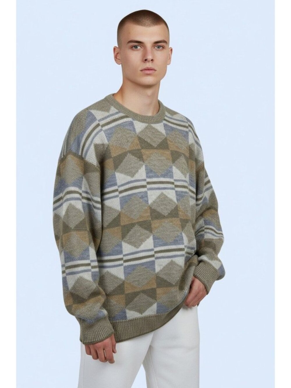 Vintage Janzen Sweater XL Brown Gray Sweater Geometric Diamond Pattern Knit